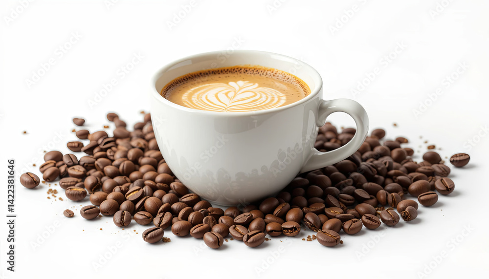 A warm cup of coffee sits elegantly on a bed of roasted coffee beans, showcasing intricate latte art on its surface. The bright background enhances its inviting appearance A warm cup of coffee sits elegantly on a bed of roasted coffee beans, showcasing intricate latte art on its surface. The bright background enhances its inviting appearance