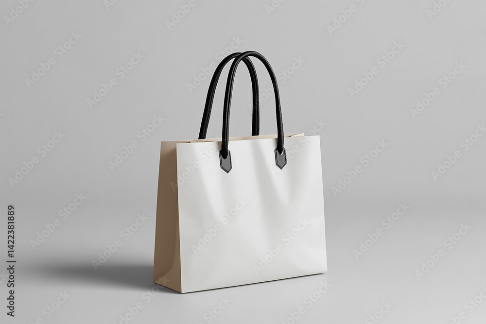 High-quality 3D white paper shopping bag mockup with black handle on light gray background, sleek design for packaging and branding purposes
High-quality 3D white paper shopping bag mockup with black handle on light gray background, sleek design for packaging and branding purposes