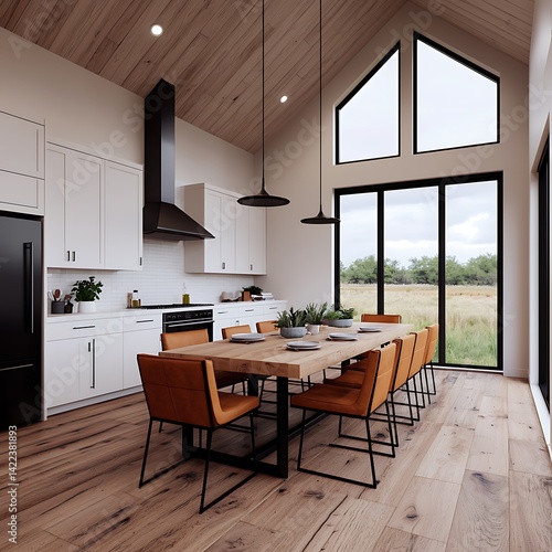 Wallpaper Mural Bright Interior Kitchen and Dining Area with Wooden Accents, Large Windows and Natural Outdoor Scenery. Torontodigital.ca