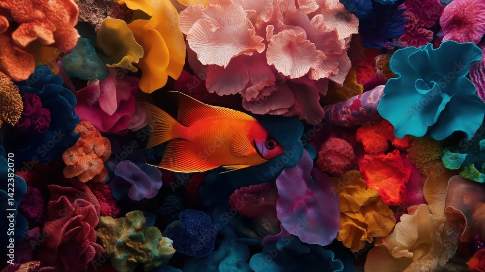 Fototapeta premium Underwater scene with a variety of colorful coral reefs. the coral reefs are in different shades of pink, orange, yellow, and blue, creating a vibrant and lively atmosphere.