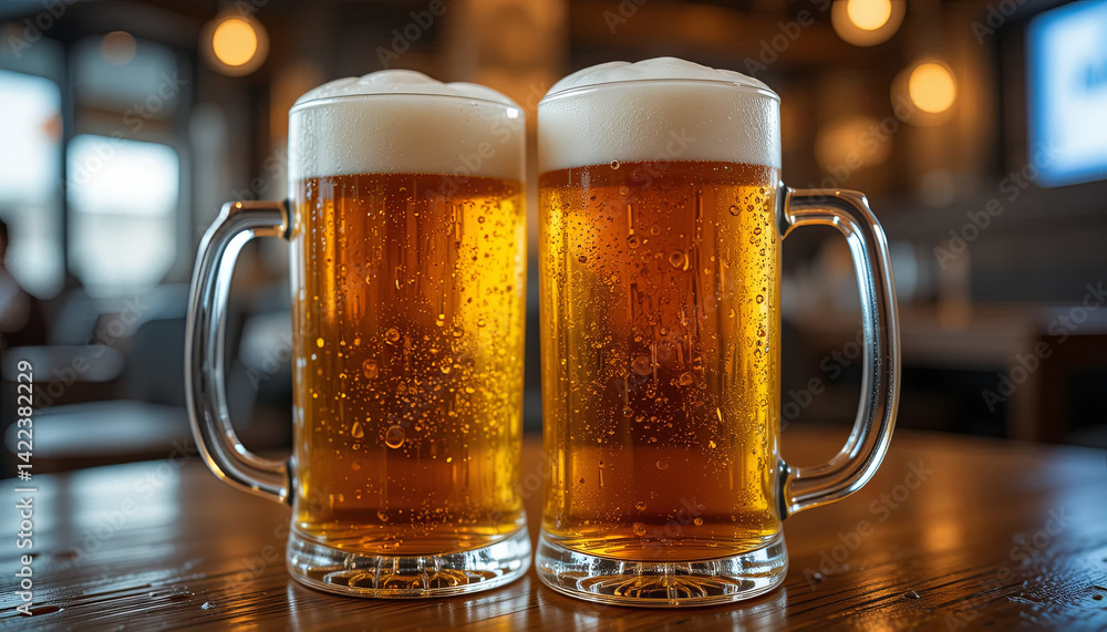 Two frosty mugs filled with golden beer sit on a wooden table inside a warm, inviting pub. The atmosphere is lively, perfect for unwinding after a long day Two frosty mugs filled with golden beer sit on a wooden table inside a warm, inviting pub. The atmosphere is lively, perfect for unwinding after a long day