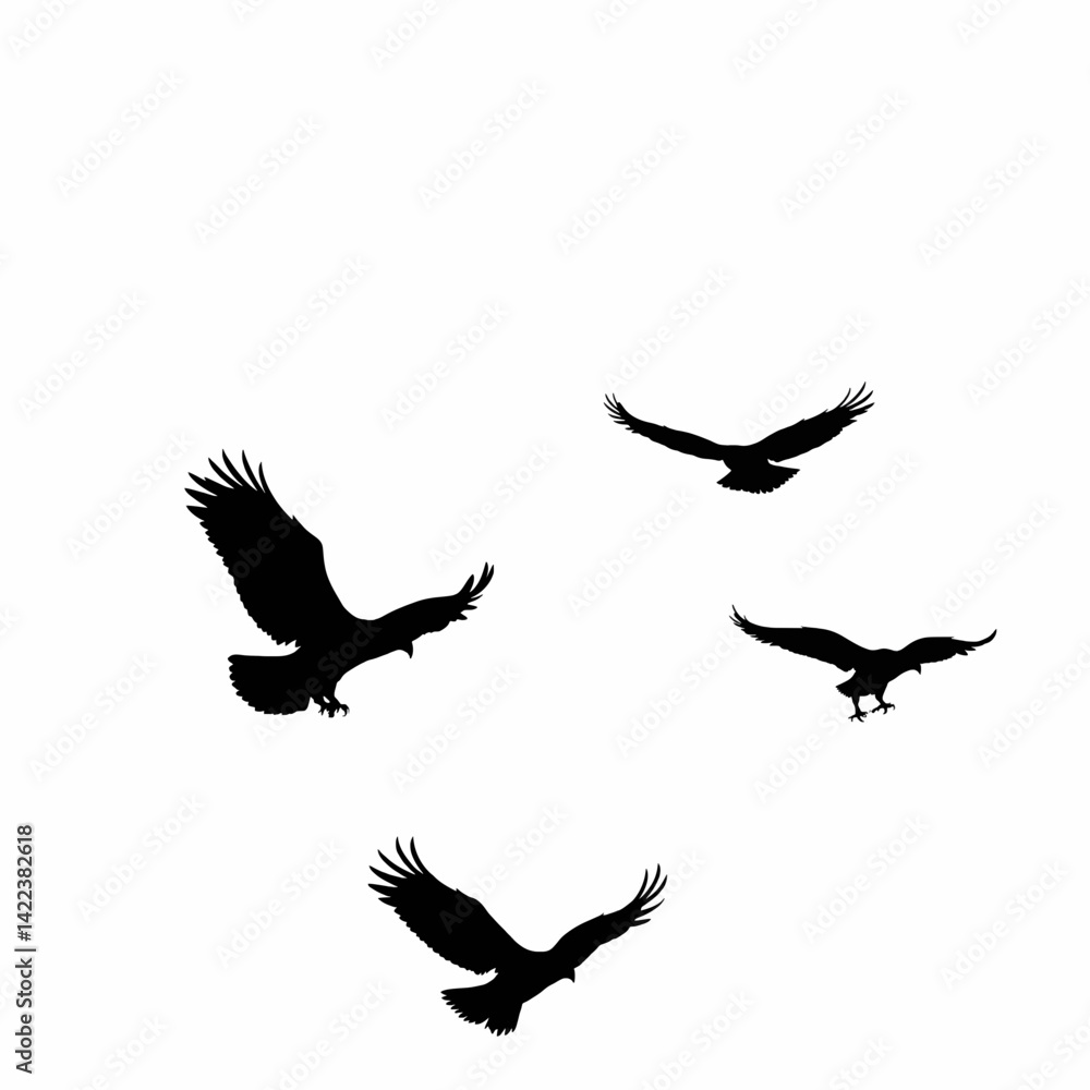 Obraz premium Majestic Flock of Eagle Silhouettes Soaring Gracefully in Flight Against a Pristine White Sky