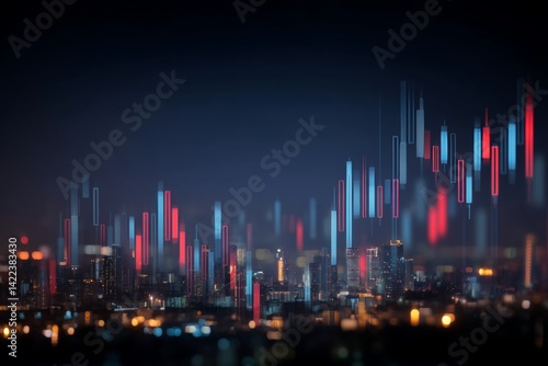 Glowing stock market graph and trading charts over a city skyline showcasing financial technology
