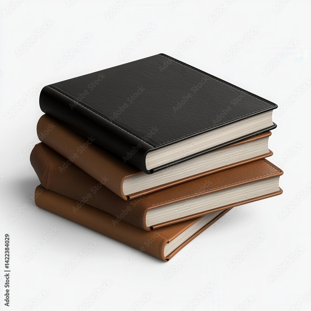 Stack of three brown books and one black book on a white background view Stack of three brown books and one black book on a white background view