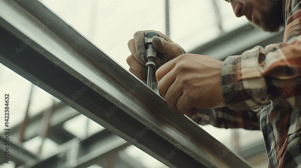 Construction Worker Using a Drill on Metal Beams Construction Worker Using a Drill on Metal Beams