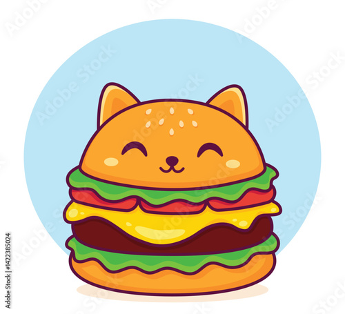 Cute kawaii burger cat. Cartoon cheeseburger. Vector illustration