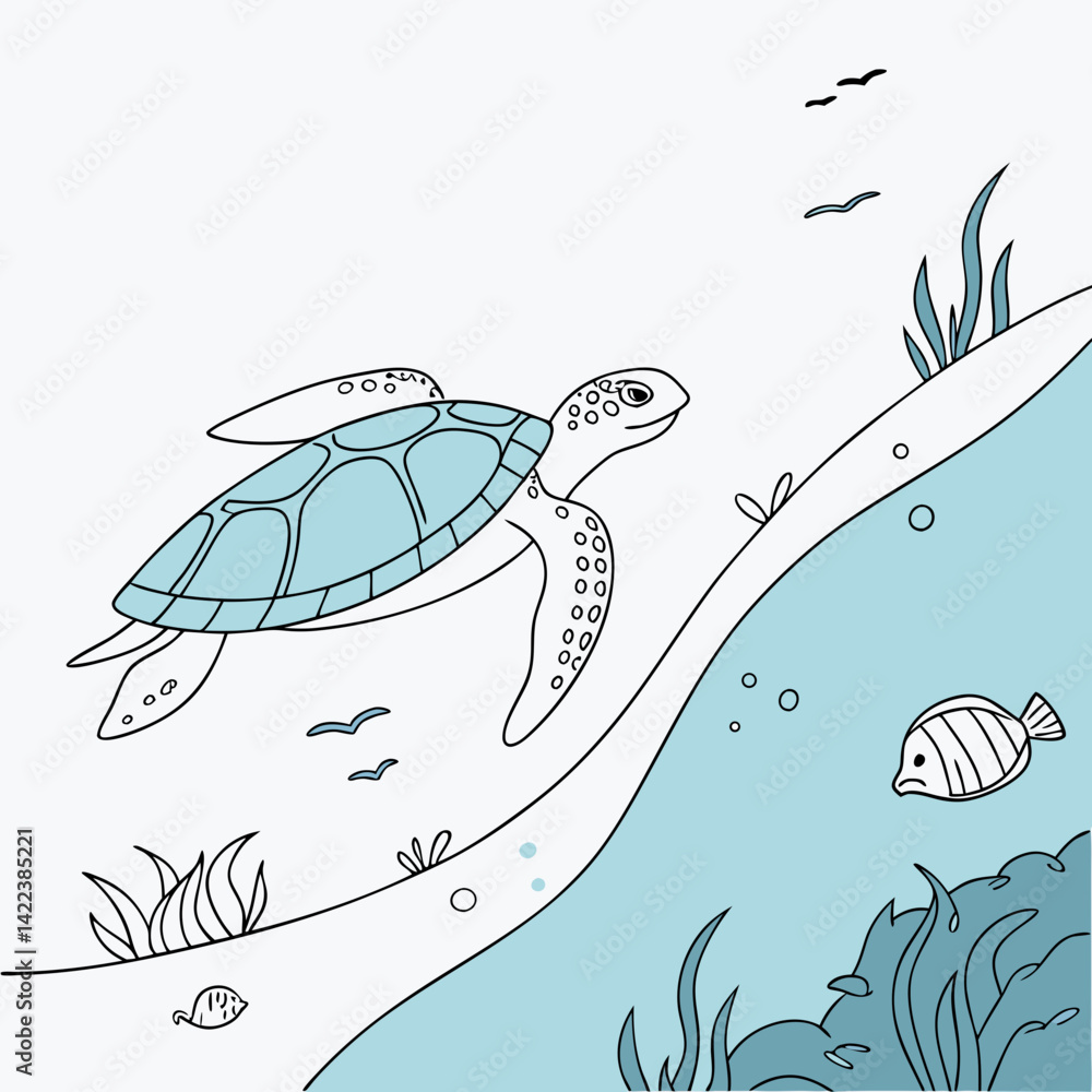 Obraz premium Undersea World With Turtle Seagrass And Fish Line Art Style Illustration