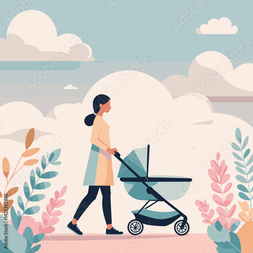 mother happily pushing a stroller in a colorful nature background