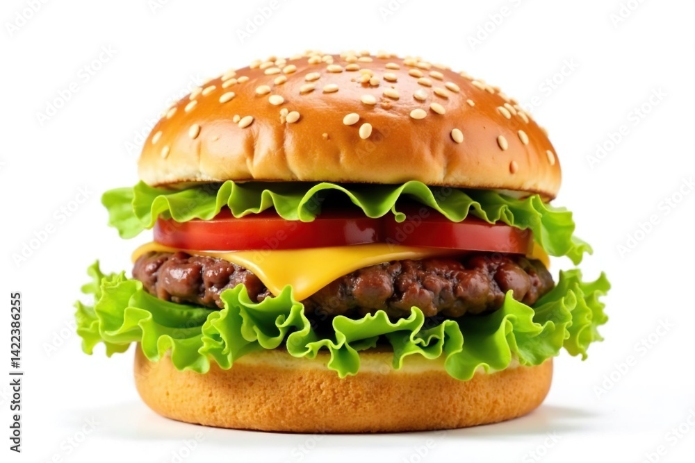 Burger isolated on white, sesame seeds visible, dinner, meat, hamburger Burger isolated on white, sesame seeds visible, dinner, meat, hamburger