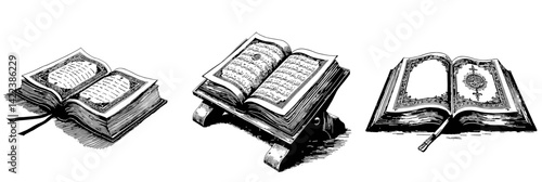 Vintage black and white sketch of Quran books on wooden stand, intricate details for educational and cultural use