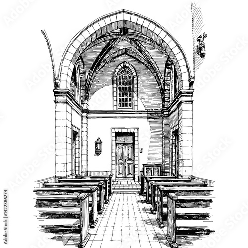 Vintage black and white sketch of synagogue interior with pews and ornate arches, suitable for religious artwork and decor