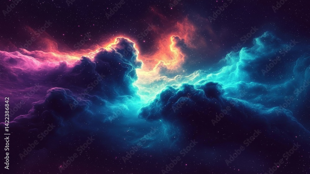 Fototapeta premium Futuristic Cosmos Background Interlaced Smoke Glitch in Blue, Mint and Purple Tones Generative AI Design