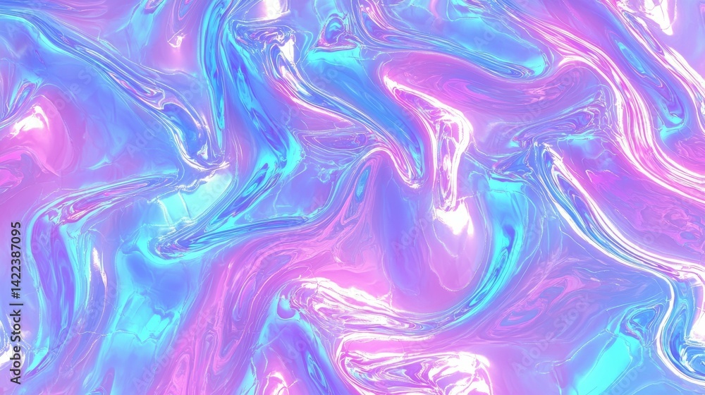 Obraz premium Iridescent 80s Holographic Pink and Blue Frosted Jelly Waves Background - Trendy Vaporwave Abstract Texture with Surreal Wavy Marble Pattern - 3D Rendered Aesthetic