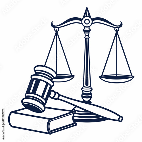 Scales Of Justice Gavel And Law Book Illustration In Simple Dark Blue