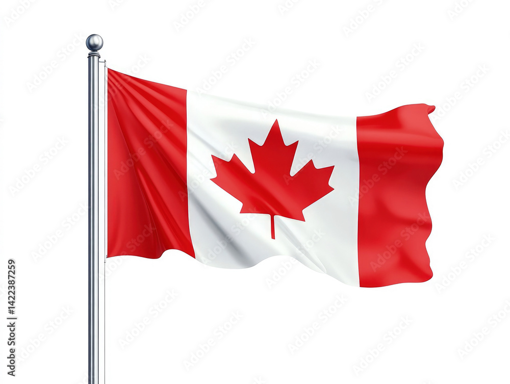 Canadian national flag with iconic red maple leaf waving on flagpole against a clean white background, symbolizing patriotism, identity and national pride. Canadian national flag with iconic red maple leaf waving on flagpole against a clean white background, symbolizing patriotism, identity and national pride.