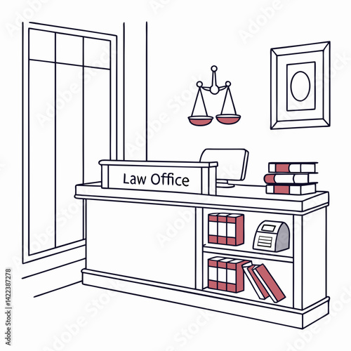 Law Office Reception Area Illustration With Scales Of Justice And Books