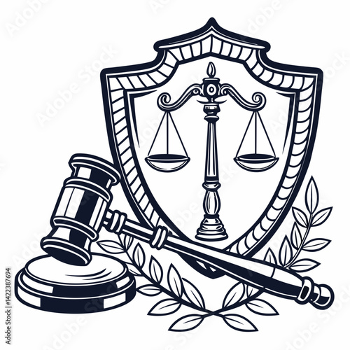 Law And Justice Emblem With Gavel Scales Of Justice And Shield Symbol