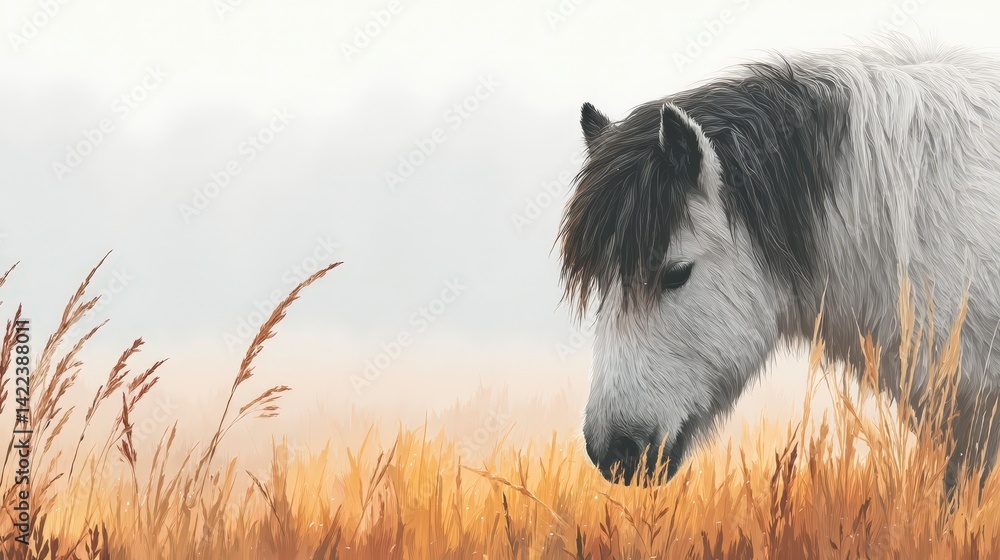Obraz premium Majestic Grey Pony Grazing in Misty Autumn Field