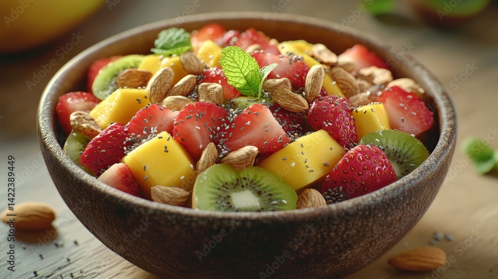 Close up of a fresh fruit salad in a rustic bowl with kiwi, strawberries, and mango highlights Close up of a fresh fruit salad in a rustic bowl with kiwi, strawberries, and mango highlights