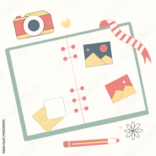 Scrapbook Photo Album With Camera Pictures And Pencil On Creamy Background