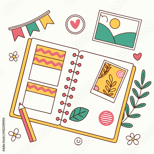 Open Scrapbook With Photos Stickers And Decorations Surrounded By Floral Elements