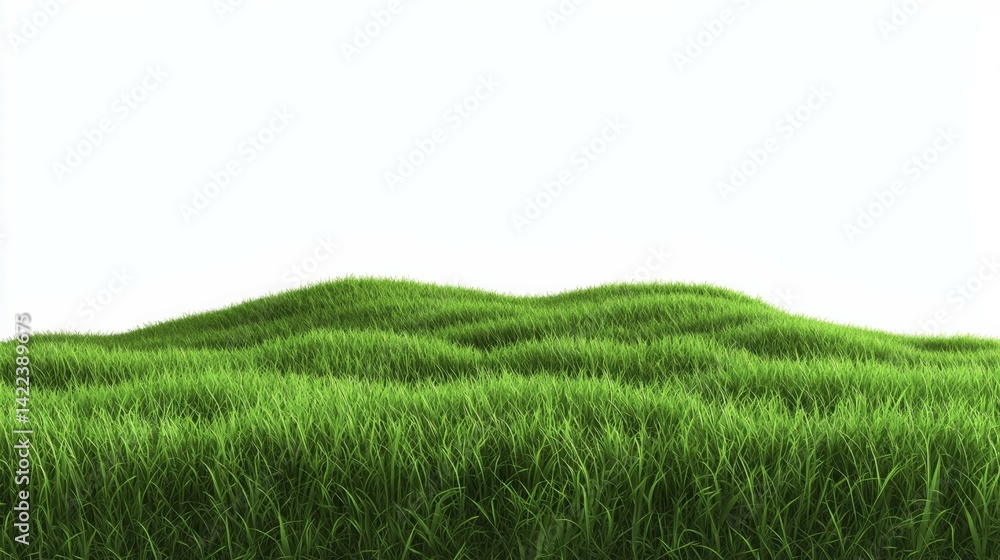 Obraz premium Vibrant Green Hilly Grass Landscape Panorama on White Background Lebhafte grne hgelige Wiesenlandschaft im Panorama vor weiem Hintergrund