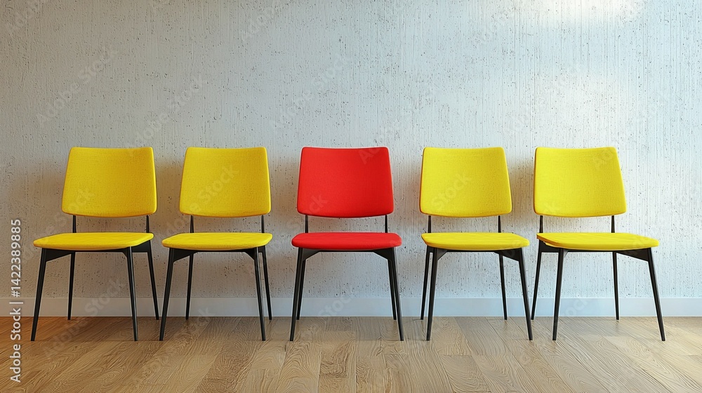Obraz premium Vibrant Yellow Chairs Flanking a Bold Red Chair in Perfect Alignment