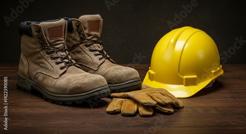 Work helmet, shoes and gloves on a wooden table