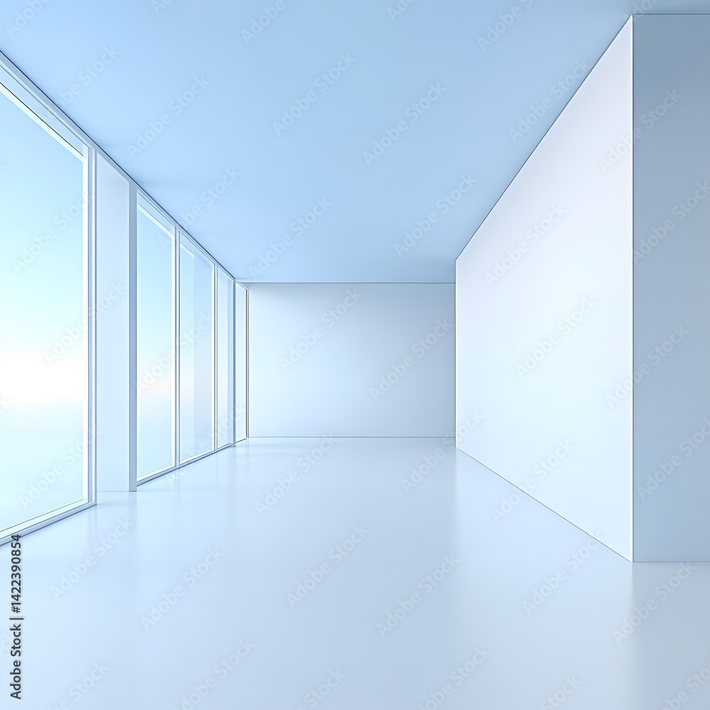 Spacious Modern Empty Room with Large Windows and Blue Walls Spacious Modern Empty Room with Large Windows and Blue Walls
