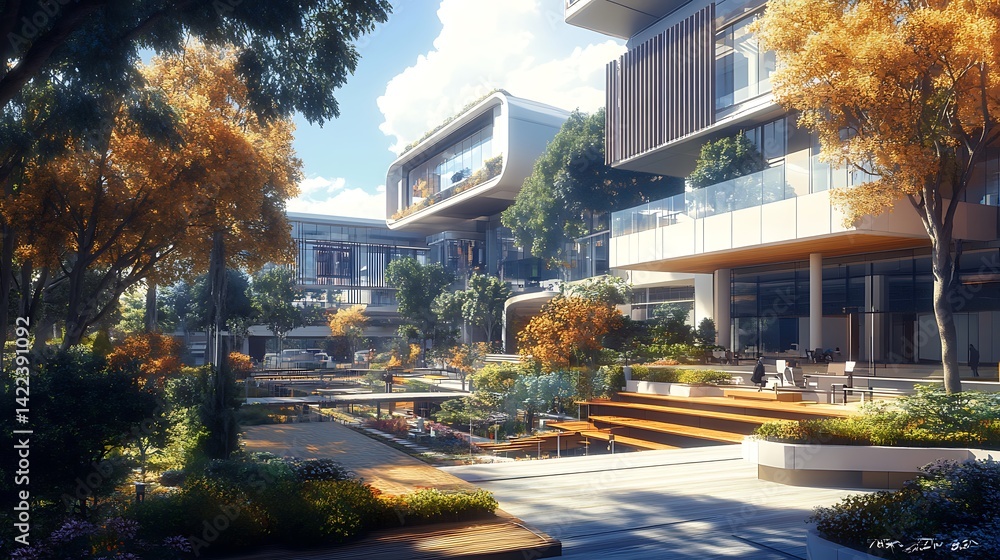 Naklejka premium Sleek Office Atrium with Greenery and Glass Facades High Resolution Picture