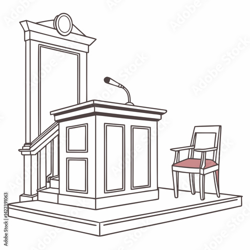 Courtroom Illustration Of Judges Bench Chair And Podium Line Art