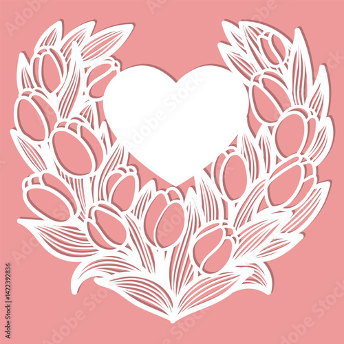 Decorative composition with tulips. Template for laser cutting from paper, wood, cardboard, etc. For the design of wedding cards, invitations, interior decorations, stickers, etc. Vector