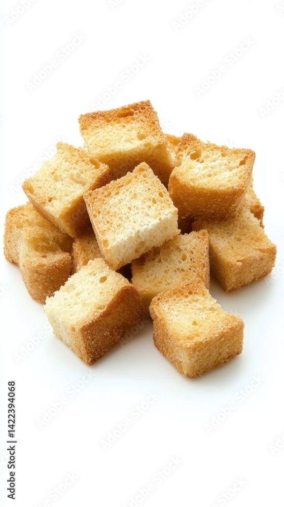 Golden toasted croutons on white background in studio shot offering culinary delight and crispy texture food photography Golden toasted croutons on white background in studio shot offering culinary delight and crispy texture food photography