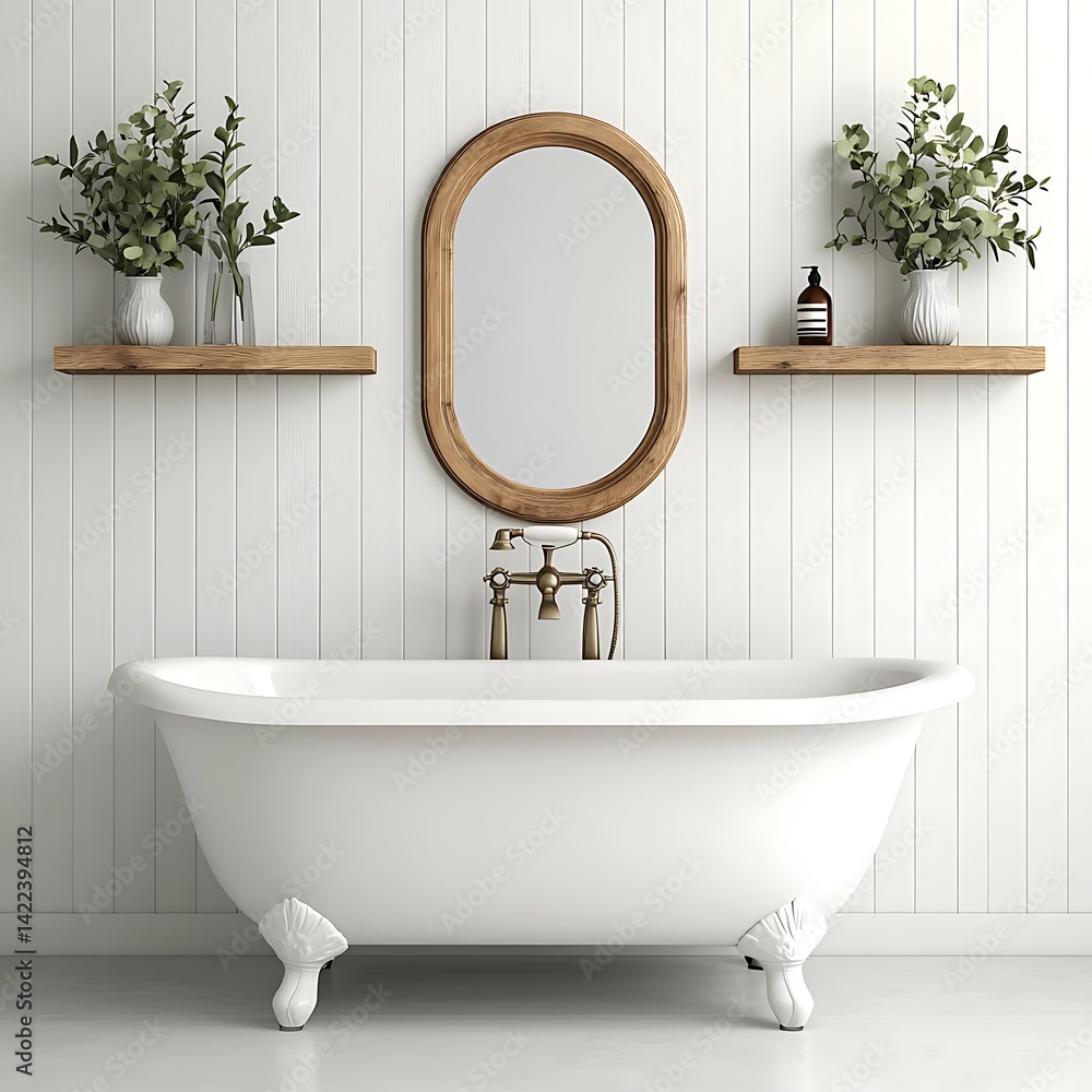 Elegant Bathroom Interior with White Bathtub, Wooden Mirror Frame, Shelves, and Greenery for Relaxing Atmosphere.