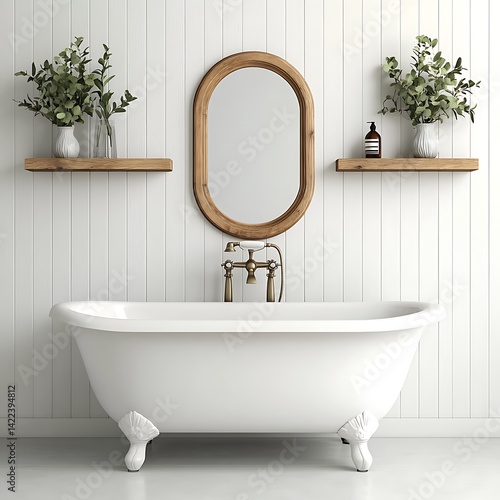 Obraz na płótnie Elegant Bathroom Interior with White Bathtub, Wooden Mirror Frame, Shelves, and Greenery for Relaxing Atmosphere. w salonie
