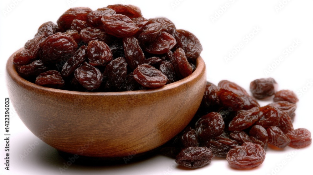 A wooden bowl filled with raisins on a white background A wooden bowl filled with raisins on a white background