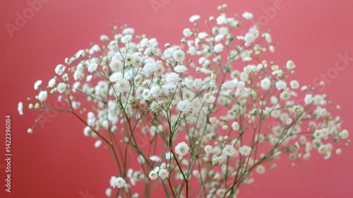 Bunch of white flowers are in a vase on a red background