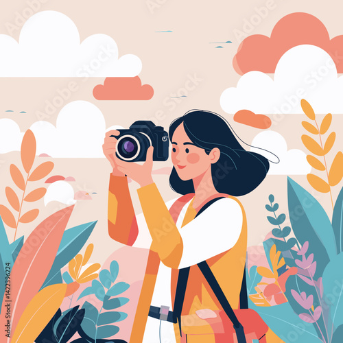 young woman taking photos with a camera in a colorful nature background