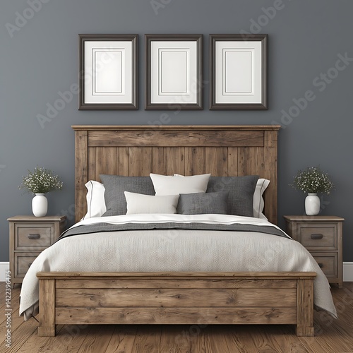 Obraz na płótnie Elegant Bedroom Interior with Rustic Wooden Bed Frame, Neutral Bedding, and Three Blank Picture Frames on Wall. w salonie