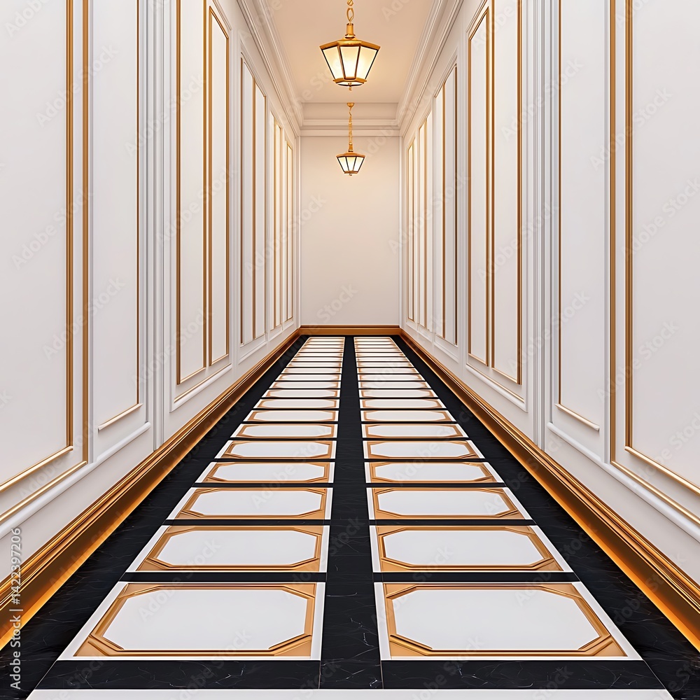 Elegant corridor with golden accents, decorative lighting, and tiled floor creates a sophisticated and luxurious architectural interior space.