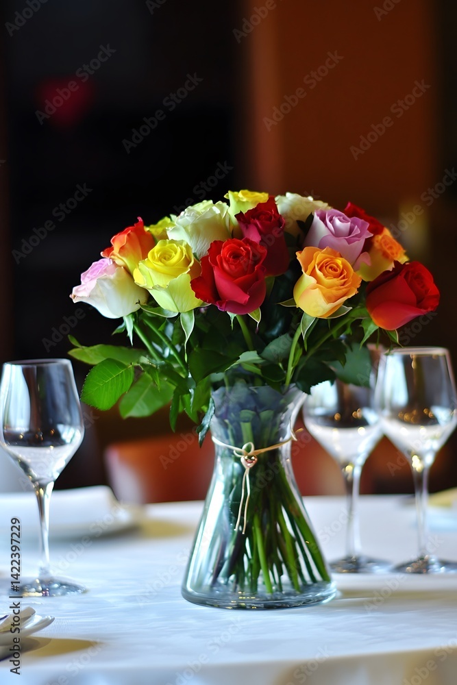 Fototapeta premium Vibrant Rainbow Roses Bouquet in Glass Vase on Table