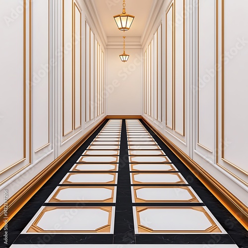 Obraz na płótnie Elegant corridor with golden accents, decorative lighting, and tiled floor creates a sophisticated and luxurious architectural interior space. w salonie
