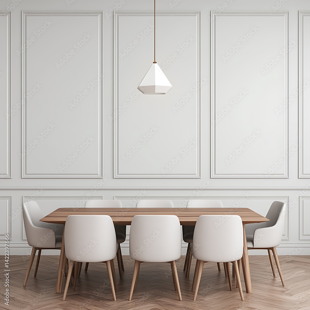 Elegant dining area setup with a wooden table, white chairs, geometric light fixture, and classic wall paneling.