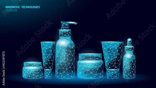 Polygonal cosmetics product line illustration. Contains cream, lotion, serum, and other beauty containers. Skincare, beauty tech, and online shop. Low poly, digital art, blue background