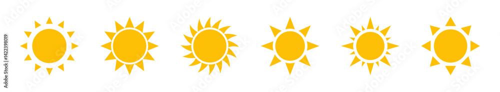 Set of six yellow sun icons in flat vector style, each with unique ray designs. Ideal for weather apps, UI elements, summer themes, and infographics. Isolated on white background. Set of six yellow sun icons in flat vector style, each with unique ray designs. Ideal for weather apps, UI elements, summer themes, and infographics. Isolated on white background.