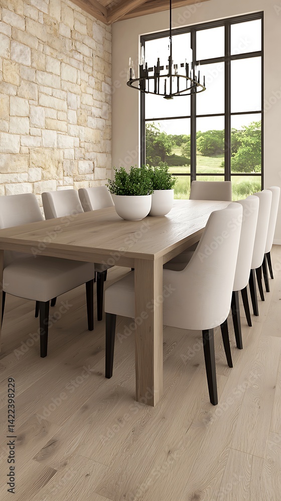 Elegant Dining Room with Stone Wall, Chandelier, and Outdoor View: Interior Design and Modern Furniture.