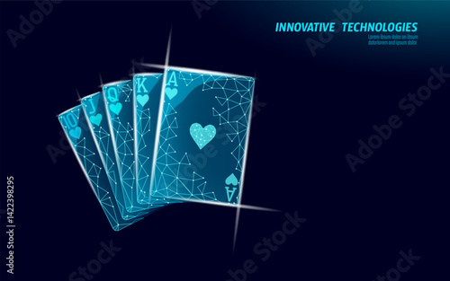 Playing cards royal flush hearts digital art. Cards show Ten, Jack, Queen, King, Ace hearts. Suitable advertising games, gambling, casino, risk. Low poly illustration. Blue background