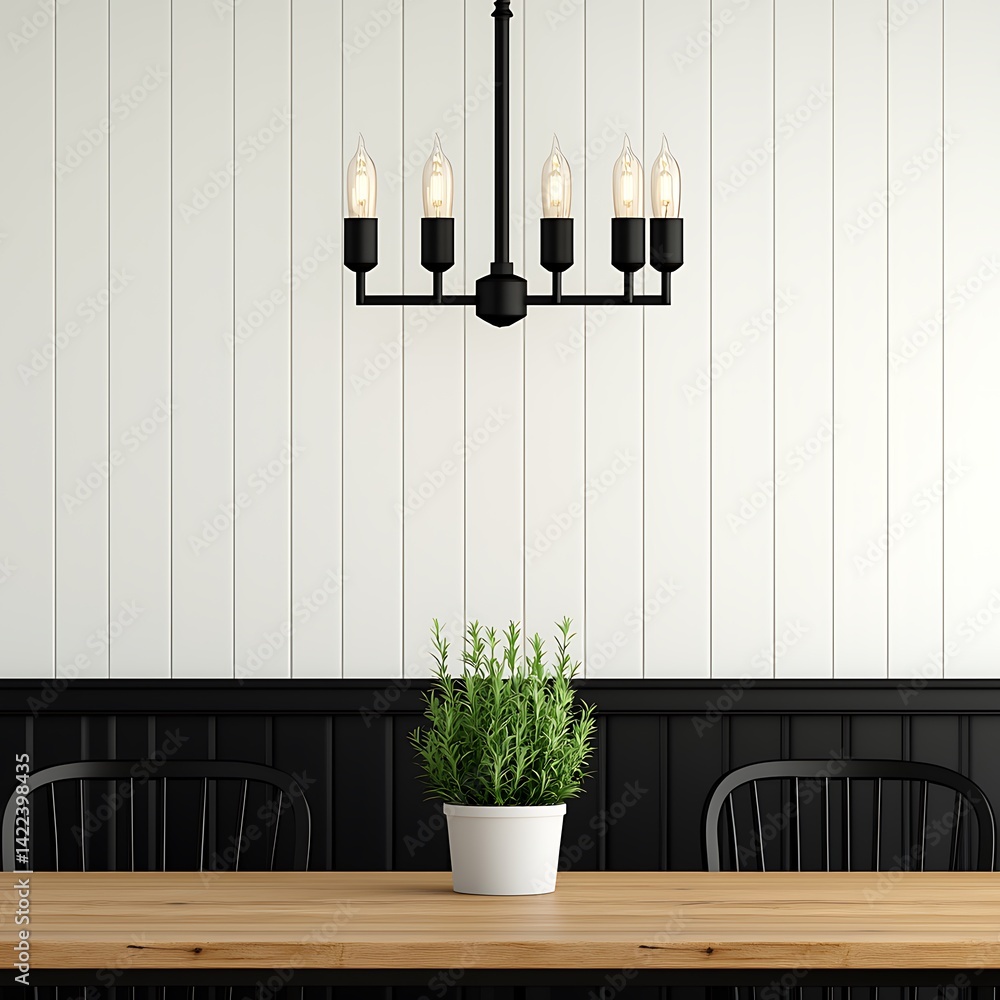 Elegant dining space showcasing a rustic wooden table, potted plant, black chairs, and modern black chandelier.