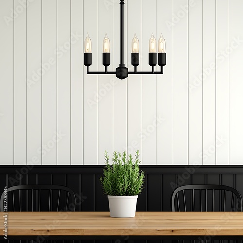 Obraz na płótnie Elegant dining space showcasing a rustic wooden table, potted plant, black chairs, and modern black chandelier. w salonie