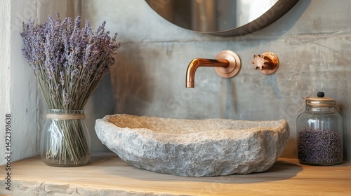 A rustic bathroom scene featuring a hand-carved stone vessel sink, copper wall-mounted faucet, and fresh lavender decor on a wooden vanity with natural concrete walls